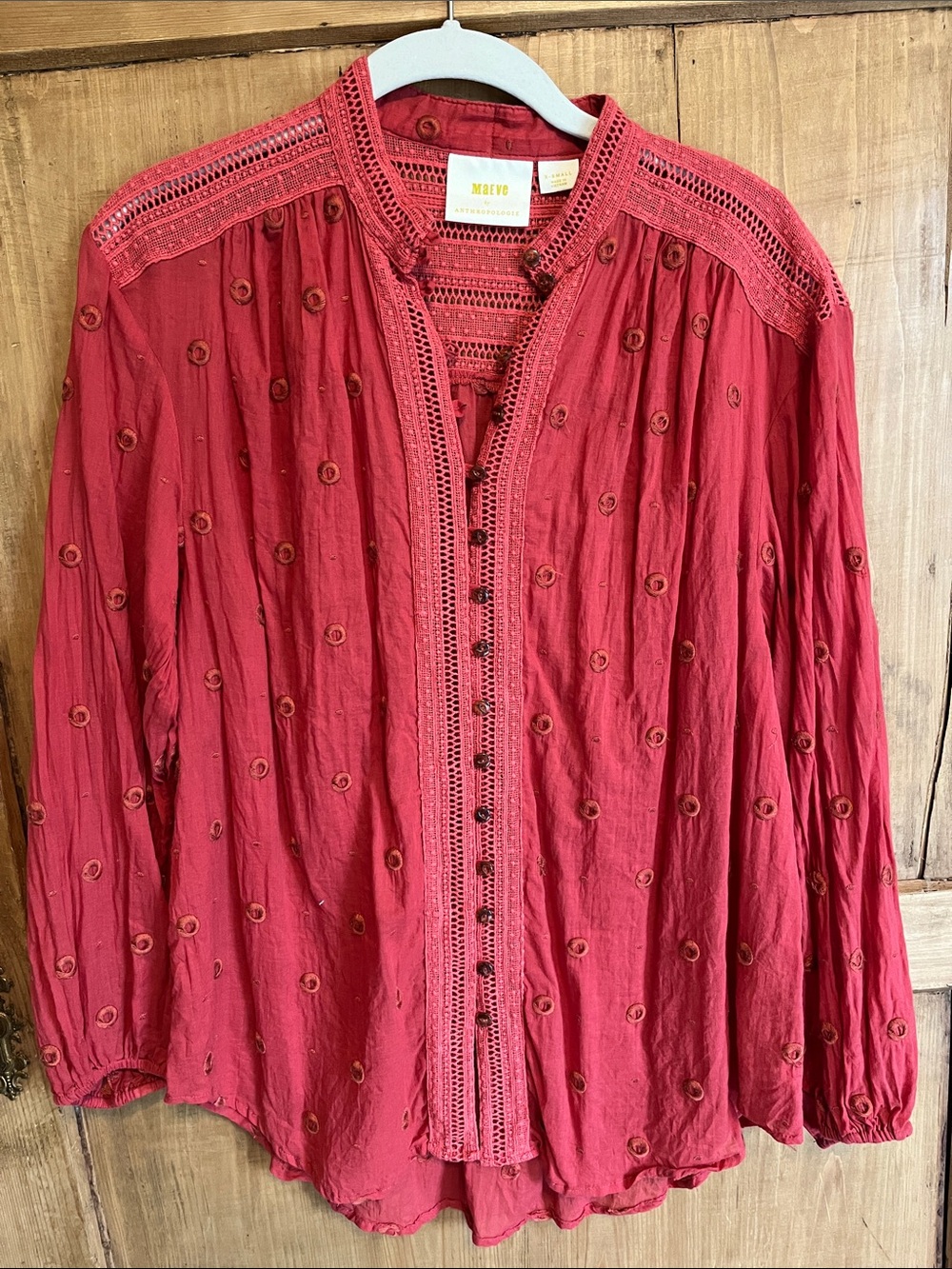 Maeve Anthropologie Burnt-Red Eyelet Crochet Button-Down Blouse